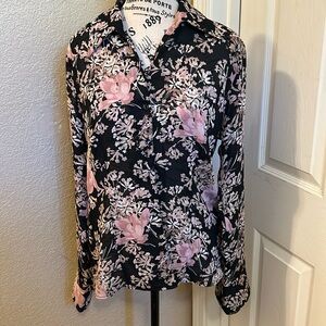 Tailor sheer button up blouse, pink and tan floral on sheer black